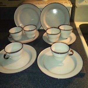 Vintage tea set 6 plates 6 cups metal Sweden vintage blue white decor play